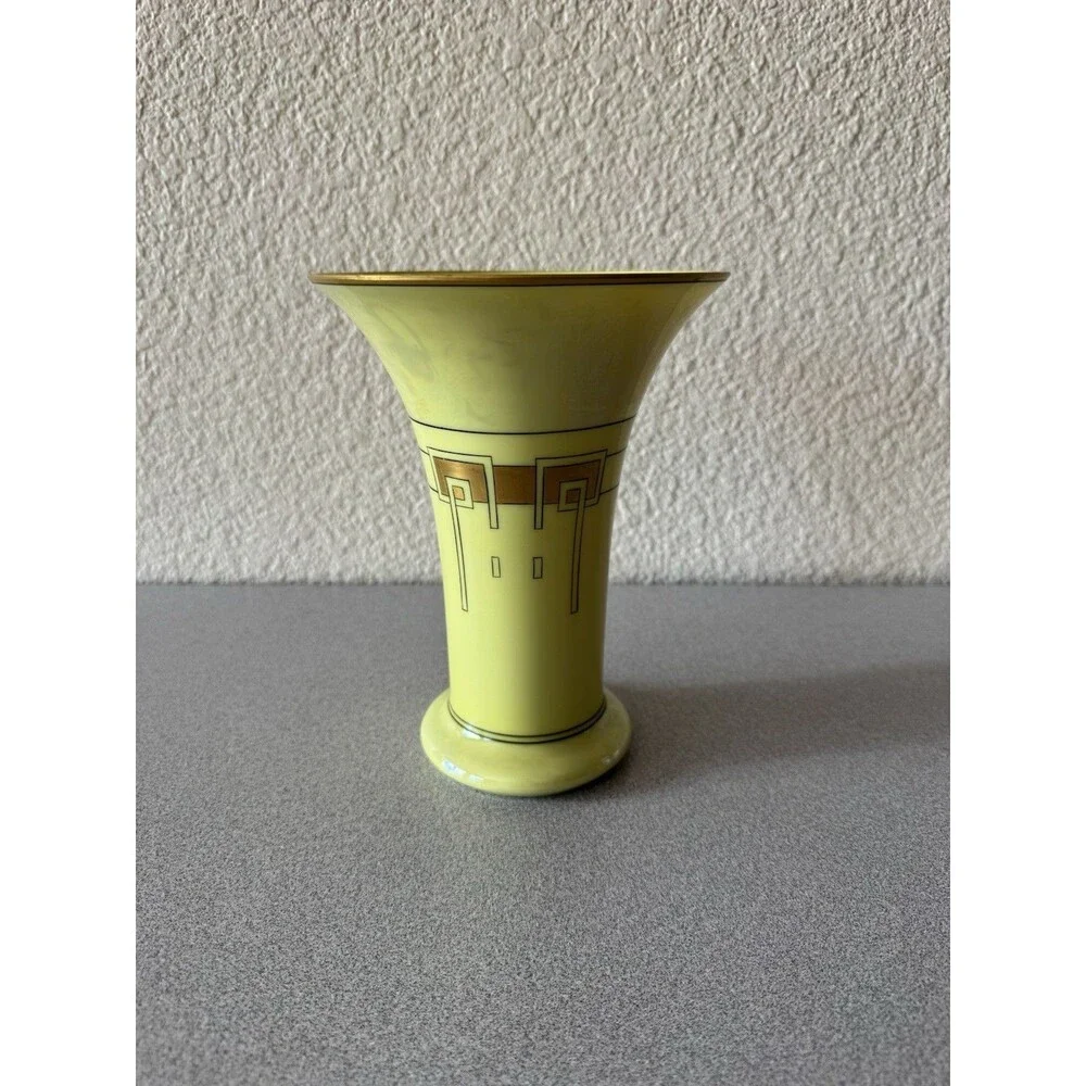 Vintage Art Deco Yellow Ceramic Vase Geometric Gold Black Trumpet 8” Unmarked